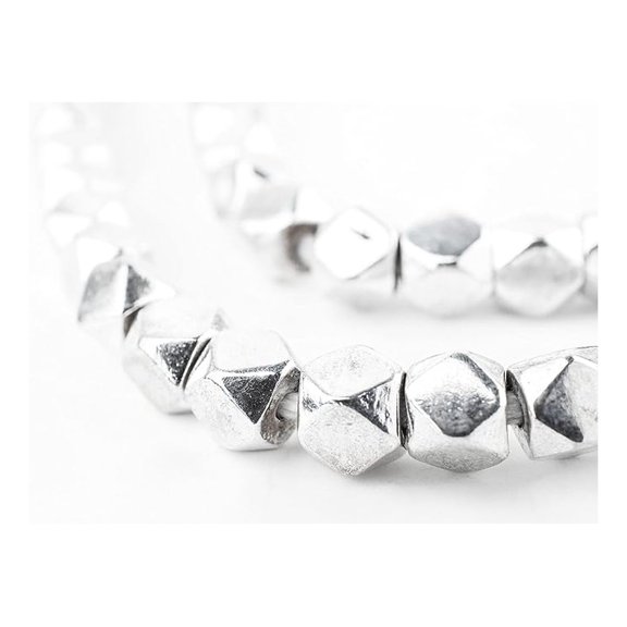 Cornerless Cube Beads - Full Strand of Faceted Ethnic Metal Spacers (7mm, Silver)