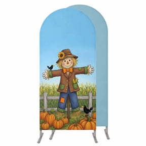 Cornfield Pumpkins Fall Wedding Arch Cover, Stretchy Spandex Arch Backdrop Stand Covers 7.2 FT, Sky Blue Thanksgiving Round Top Arched Backdrop Cover for Birthday Party Ceremony Baby Shower Event