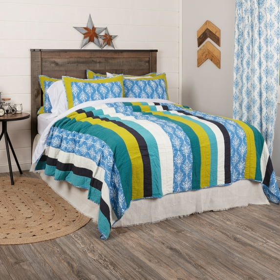 Cornflower Blue Coastal Bedding Laguna Cotton Pre-Washed Patchwork Cambric Striped Square Queen Quilt