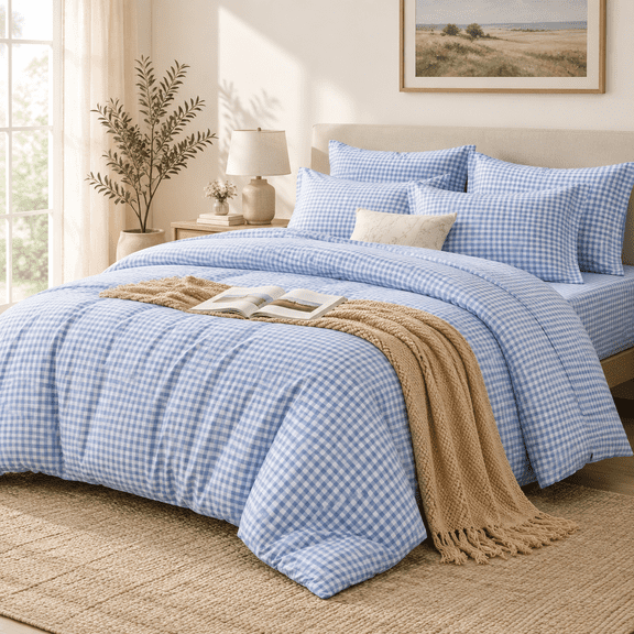 Cornflower Blue King Size 7-Piece Gingham Bed-in-a-Bag Bedding Set