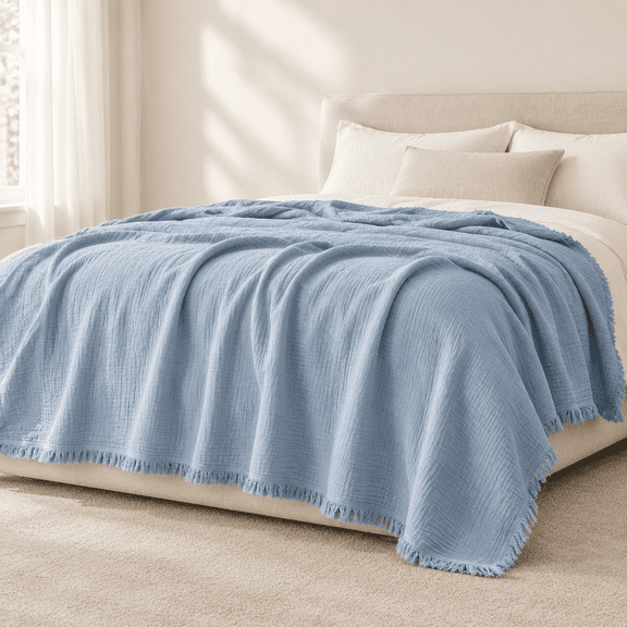 Cornflower Blue Super King(108" × 98") 4-Layer Muslin Cotton Fringe Throw Blanket