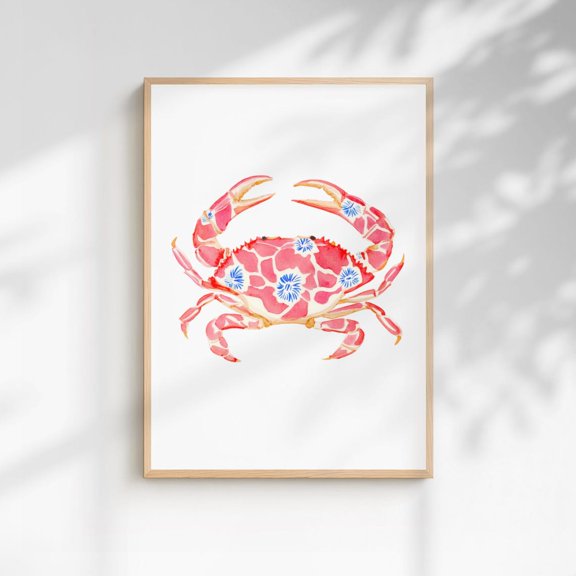 Cornflower Crab Print Bold Pink Coastal Wall Art Preppy Grandmillennial Beach Decor Floral Sea Life, Unframed Paper Print