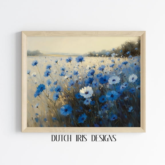 Cornflower Field, Rustic Blue Floral Landscape Art, Country Cottage Decor, Spring Bloom Print, Wall Art 77 Home Decor #1573, Unframed Poster Size 8x12