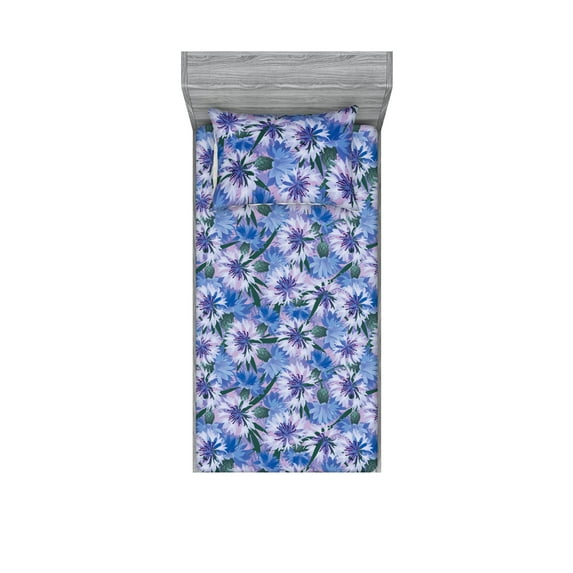 Cornflower Fitted Sheet & Pillow Sham Set, Modern Forest Scene Illustration of Blooming Floral Design Print, Decorative Printed 2 Piece Bedding Decor, Twinxl, Lavender Blue Pale Mauve, by Ambesonne