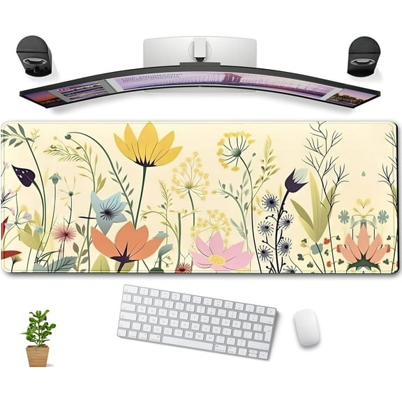 Cornflower Floral Mouse Pad Cute Yellow Flowers Desk Mat, XL Large Extended Gaming Mousepad Desk Pad 31.5''x11.8'', Aesthetics Laptop Keyboard Mouse Mat Women Office Decor matt with Stitched Edges