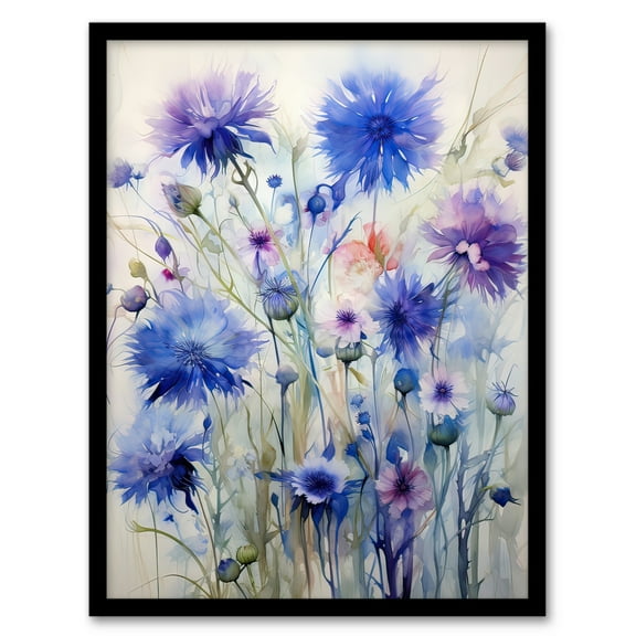 Cornflower Wildflower Meadow Watercolour Painting Art Print Framed Poster Wall Decor 12x16 inch