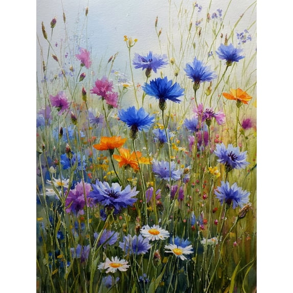 Cornflower and Daisy Floral Landscape Canvas Print, Wall Art for Living Room Bedroom Dining Room Bathroom Kitchen Office Hallway