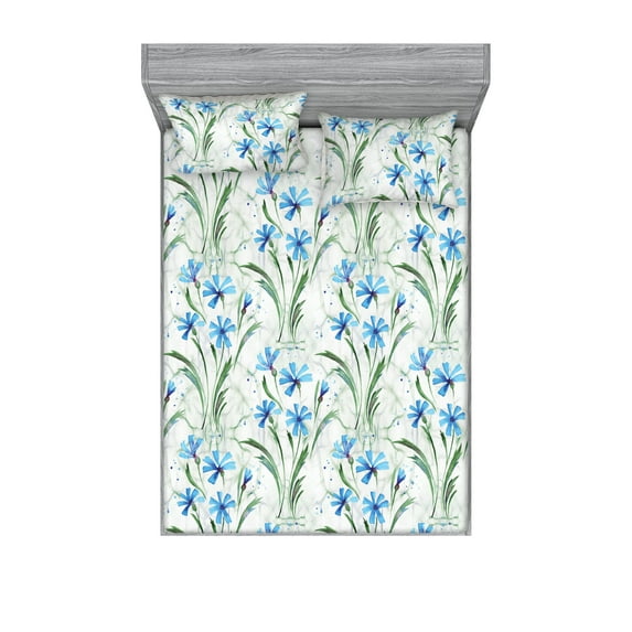 Cornflowers Fitted Sheet & Pillow Sham Set, Spring Feels Simple Floral Boho with Leaves on Marble Look Backdrop, Decorative Printed 3 Piece Bedding Decor, Full, Azure Blue Jade Green, by Ambesonne