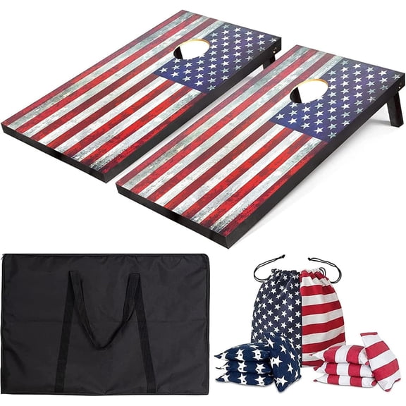 Cornhole Board Set 4x2 Regulation Size Billiards Table Style Cornhole Set with Carrying Bags & 8 Bean Bags Corn Hole Boards Bean Toss Games - American Flag