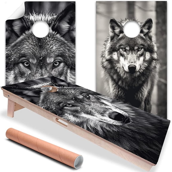 Cornhole Board Wrap and Decal for Board Set of 2 Skins Professional Vinyl Cover Black and White Wolves Portrait Cornhole Wraps Stickers Cornhole Skins Cornhole Wraps for Boards