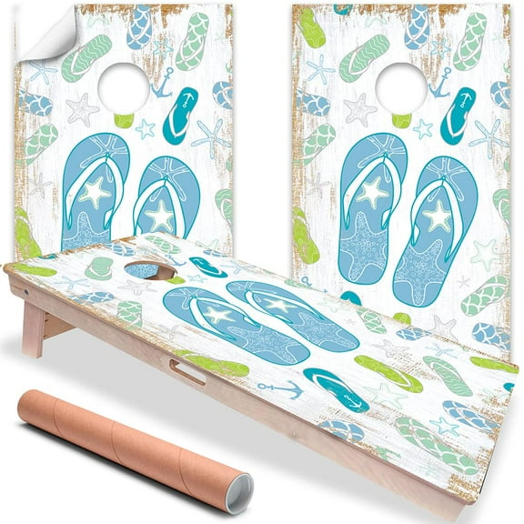 Cornhole Board Wraps and Decals for Boards Set of 2 Skins Professional Vinyl Covers Sticker - Blue Flip Flops Beach Cornhole Decal for Boards Covers Sticker Cornhole Vinyl Wraps