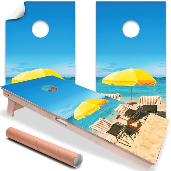Cornhole Board Wraps and Decals for Boards Set of 2 Skins Professional Vinyl Covers Sticker - Chair Summer Beach House Sand Umbrella Fun Cornhole Decal for Boards Covers Sticker Cornhole Vinyl Wraps