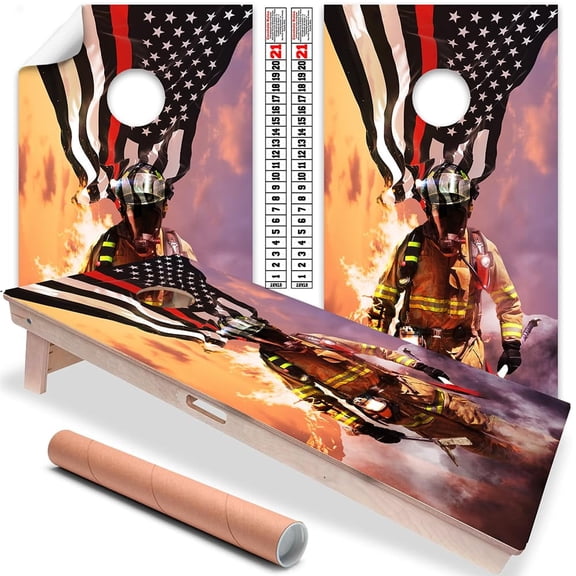 Cornhole Board Wraps and Decals for Boards Set of 2 Skins Professional Vinyl Covers Sticker - Firefighter Red Line American Flag Fire Department Decal for Boards Covers Sticker Cornhole Vinyl Wraps
