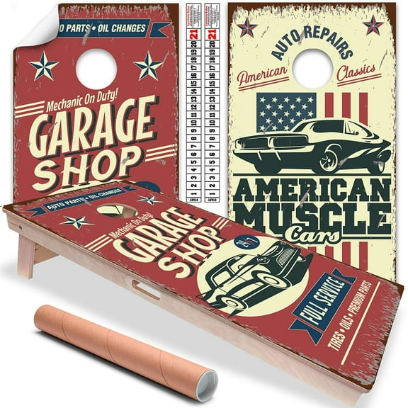 Cornhole Board Wraps and Decals for Boards Set of 2 Skins Professional Vinyl Covers Sticker Garage Shop American Muscle Car Service Cornhole Wraps Stickers Cornhole Skins Cornhole Wraps for Boards