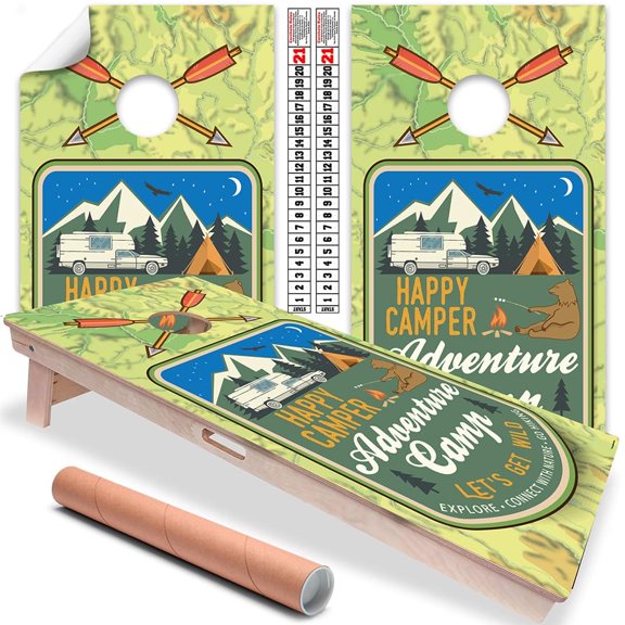 Cornhole Board Wraps and Decals for Boards Set of 2 Skins Professional Vinyl Covers Sticker Happy Camper Adventure Camp Let's Get Wild Explore Nature Cornhole Wraps Cornhole Skins Wraps for Boards