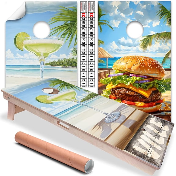 Cornhole Board Wraps and Decals for Boards Set of 2 Skins Professional Vinyl Covers Sticker Cornhole Wraps Sticker Island Days Juicy Burger and a Cocktail Drink Cornhole Skins Cornhole Wraps for Board