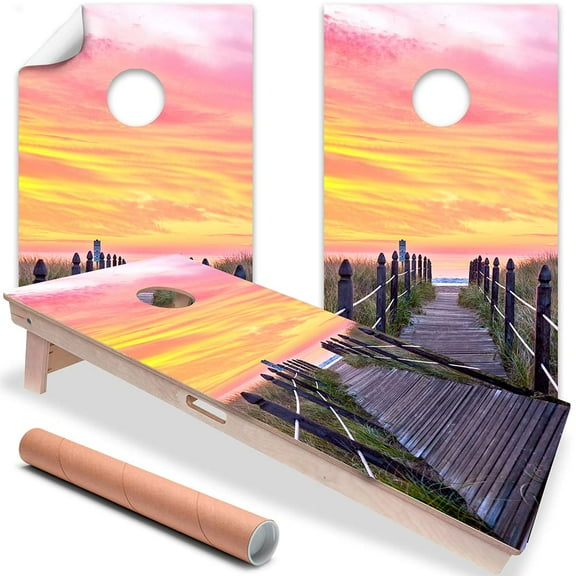 Cornhole Board Wraps and Decals for Boards Set of 2 Skins Professional Vinyl Covers Sticker - Pier at Sunrise Summer Beach House Fun Cornhole Decal for Boards Covers Sticker Cornhole Vinyl Wraps