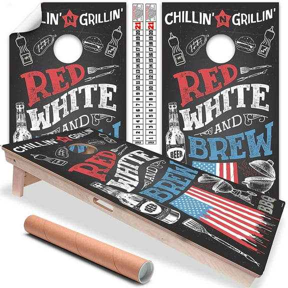 Cornhole Board Wraps and Decals for Boards Set of 2 Skins Professional Vinyl Covers Sticker Red White and Brew Beer American Flag Chalkboard Style Cornhole Wraps Cornhole Skins Wraps for Boards
