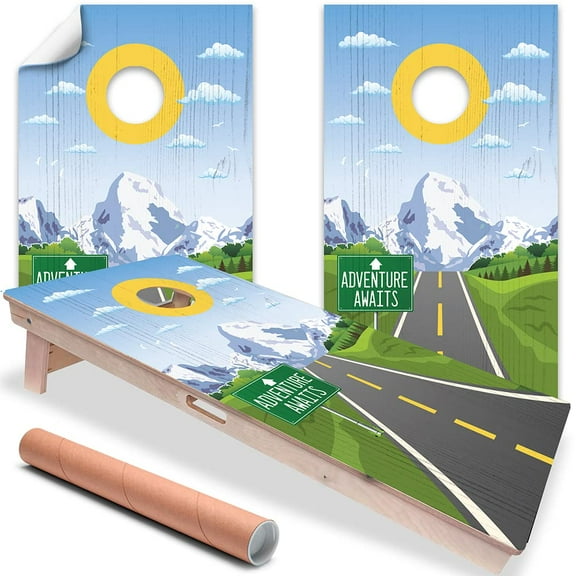 Cornhole Board Wraps and Decals for Boards Set of 2 Skins Professional Vinyl Covers Sticker Scenic Mountain View Adventure Awaits Road Sign Cornhole Wrap Sticker Cornhole Skin Cornhole Wrap for Boards