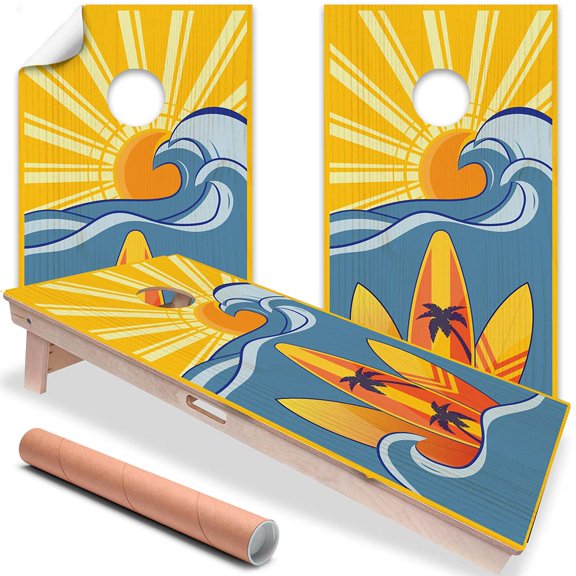 Cornhole Board Wraps and Decals for Boards Set of 2 Skins Professional Vinyl Covers Sticker - Surf The Wave Beach House Cornhole Decal for Boards Covers Sticker Cornhole Vinyl Wraps