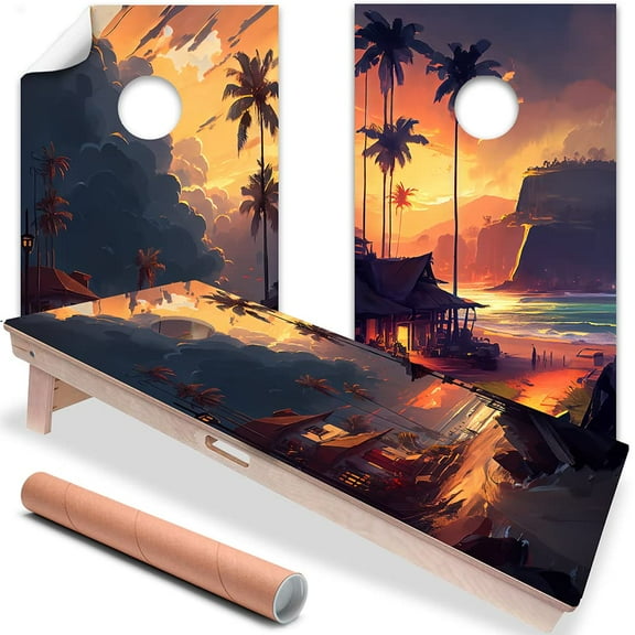 Cornhole Board Wraps and Decals for Boards Set of 2 Skins Professional Vinyl Covers Sticker Tropical Sunset Painting Beach Art Cornhole Wraps Stickers Cornhole Skins Cornhole Wraps for Boards
