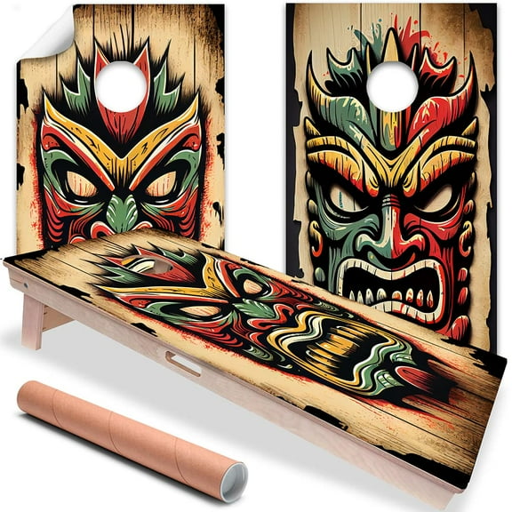 Cornhole Board Wraps and Decals for Boards Set of 2 Skins Professional Vinyl Covers Sticker - Tropical Tiki Masks Polynesia Cornhole Decal for Boards Covers Sticker Cornhole Vinyl Wraps