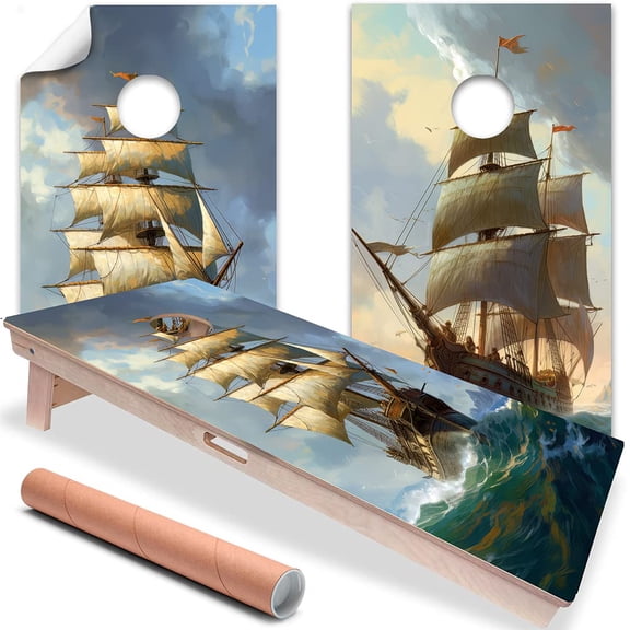 Cornhole Board Wraps and Decals for Boards Set of 2 Skins Professional Vinyl Covers Sticker - Vintage Sailing Ships Painting Style Cornhole Decal for Boards Covers Sticker Cornhole Vinyl Wraps