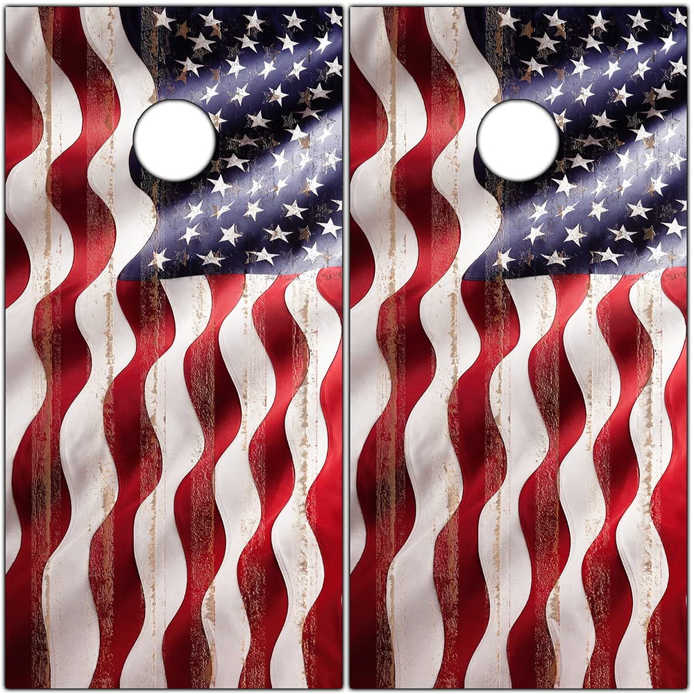 Cornhole Board Wraps and Decals Cornhole Wraps for Boards Set of 2 Corn Hole Decal, Skins Professional Vinyl Cornhole Decal for Boards Covers Sticker Cornhole Vinyl Wraps (American Flag Wavy)