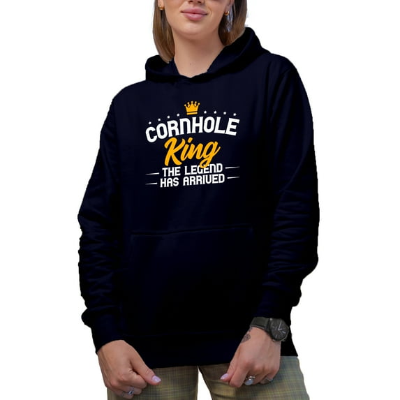 Cornhole King, The Legend Has Arrived with Crown Design, Bean Bag Toss Lawn Game Player Themed Gifts or Awards, Navy Blue Hooded Sweatshirt or Hoodie, Small