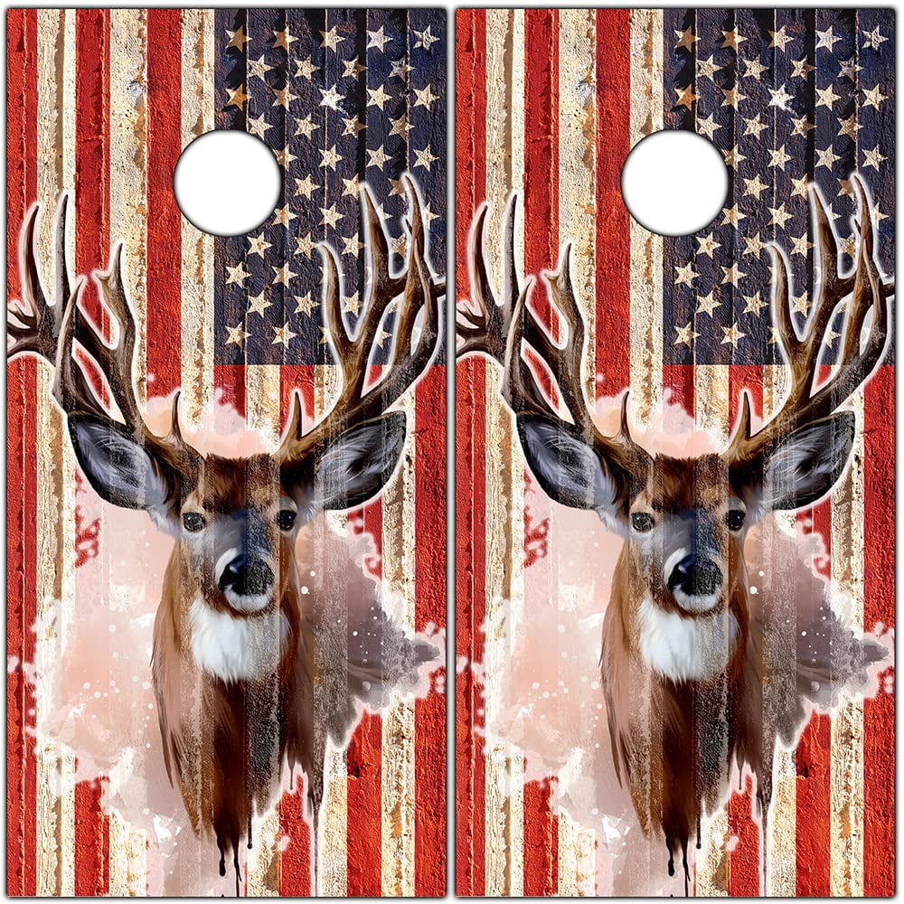 Cornhole Wraps for Boards Vinyl Decals (Set of 2) Deer and American Flag - Corn Hole Bean Bag Toss Wrap Stickers Skins (Boards Not Included) (Deer and American Flag)