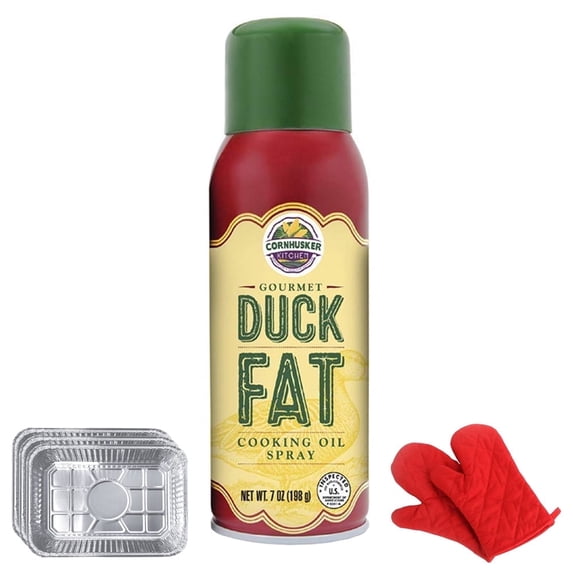 Cornhusker Kitchen Gourmet Duck Fat Spray Cooking Oil Bundle with Aluminum Drip Pan (Set of 3) and Deco Chef Pair of Red Heat Resistant Oven Mitt