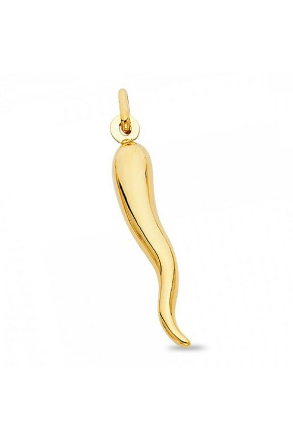 Cornicello Horn Pendant Solid 14k Yellow Gold Italian Charm Genuine Glossy Design 30 x 6 mm