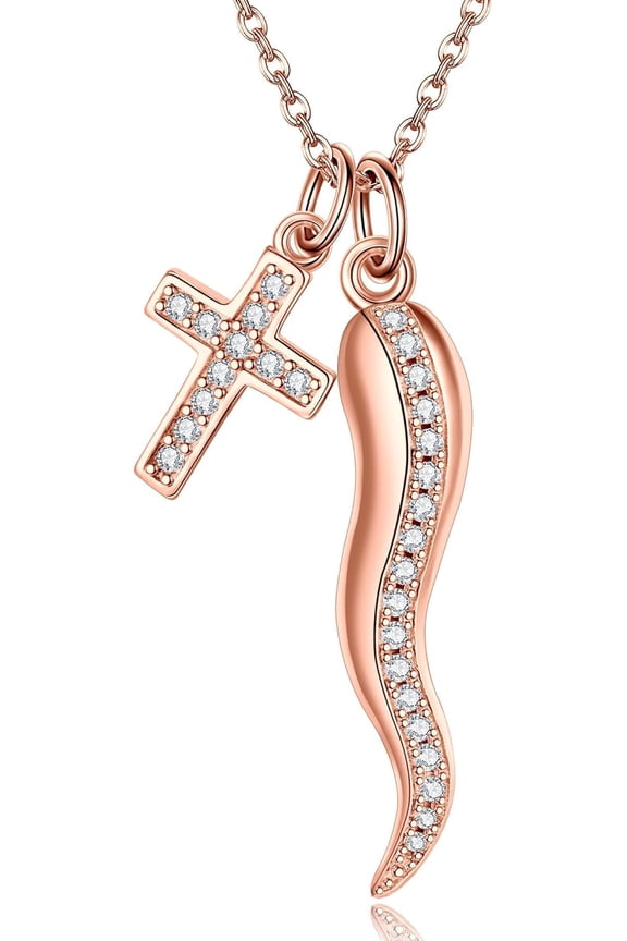 Cornicello Necklace 925 Sterling Silver Italian Horn Necklace Cross Pendant Good Luck Protection Amulet Jewelry Gift for Women (Cross Horn Ross Gold)