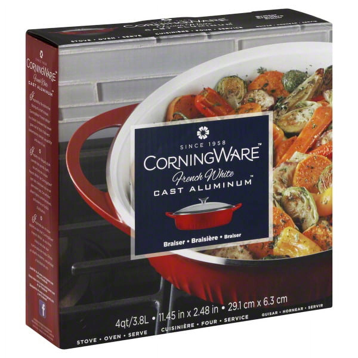 CorningWare 4Quart French White Cast Aluminum Braiser with Glass Cover