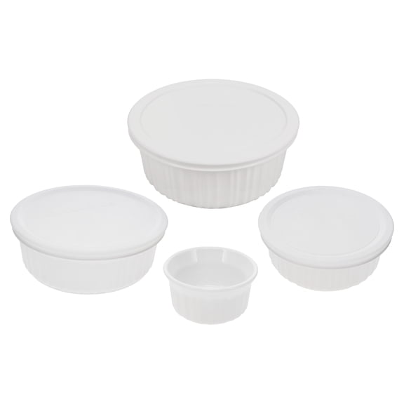 CorningWare Round French White Casserole Dish Set of (1) RS4, (1) FS16 with (1) F-16, (1) FS24 with (1) F-24, and (1) FS5 with (1) F-5-PC Lid