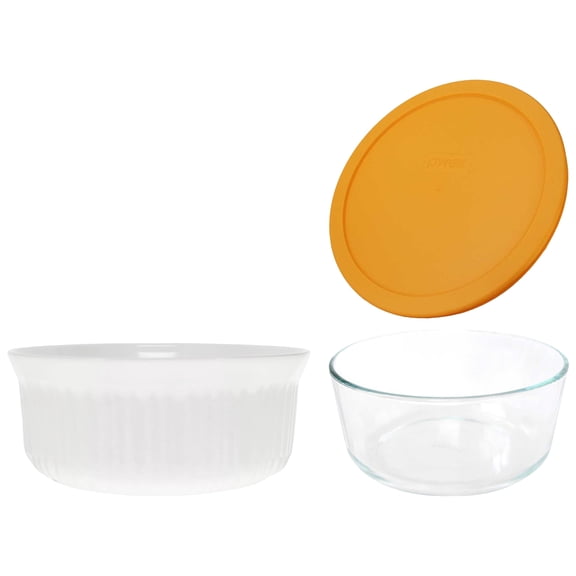 CorningWare FS1 2.5qt / 2.35L Round French White Casserole Dish and Pyrex 7203 7-Cup Glass Bowl with 7402-PC 6/7-Cup Lemon Drop Yellow Lid