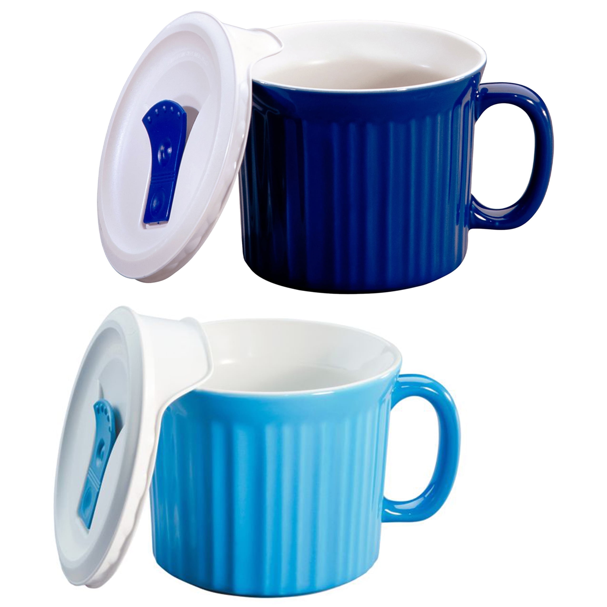 CorningWare (1) 1105119 20 oz Blue Meal Mug w/ Lid & (1) 1114682 20 oz Light Blue Meal Mug w/ Lid