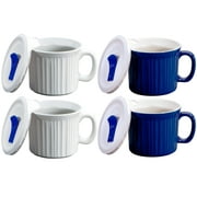 Corningware (2) French White and (2) Blue 20oz Meal Mugs with (4) Plastic Vented Lids