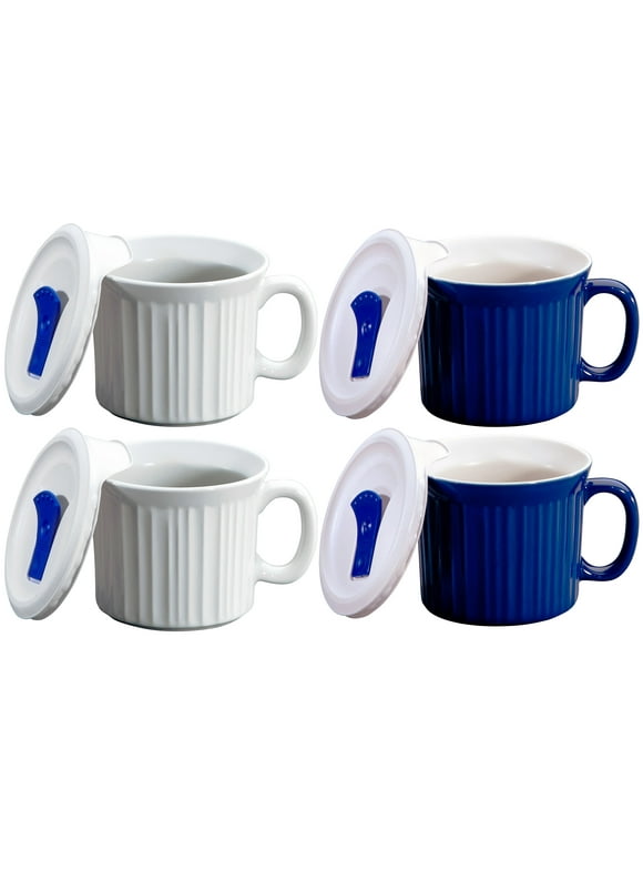 Corningware (2) French White and (2) Blue 20oz Meal Mugs with (4) Plastic Vented Lids