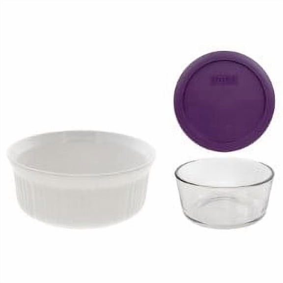 Corningware FS1 2.5Qt Casserole Dish, Pyrex 7201 4-Cup Glass Bowl and Purple Lid