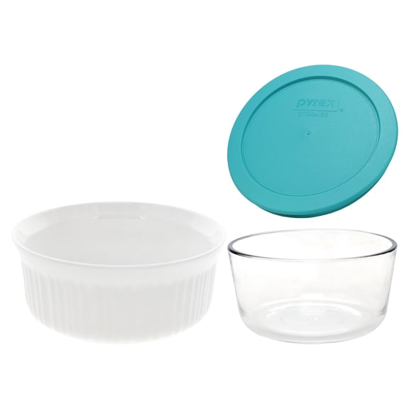 CorningWare FS1 2.5qt / 2.35L Round French White Casserole Dish and Pyrex 7201 4-Cup Glass Bowl with 7201-PC Turquoise Lid