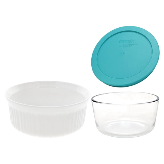 CorningWare FS1 2.5qt / 2.35L Round French White Casserole Dish and Pyrex 7201 4-Cup Glass Bowl with 7201-PC Turquoise Lid