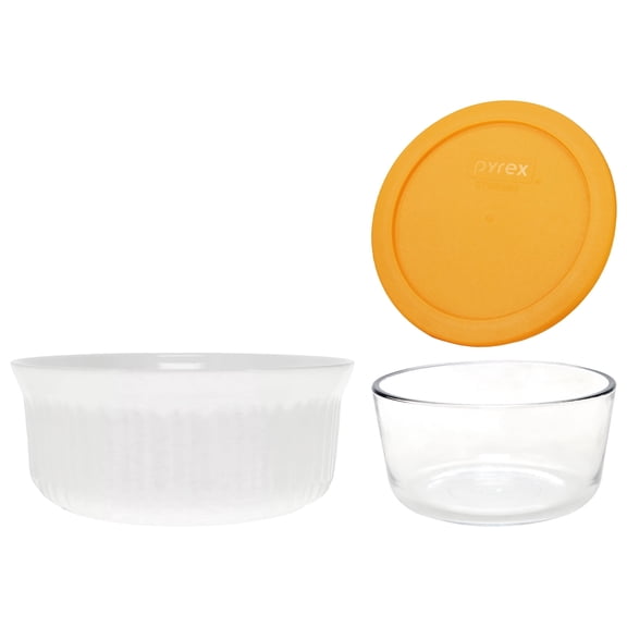 CorningWare FS1 2.5qt / 2.35L Round French White Casserole Dish and Pyrex 7201 4-Cup Glass Bowl with 7201-PC Lemondrop Yellow Lid