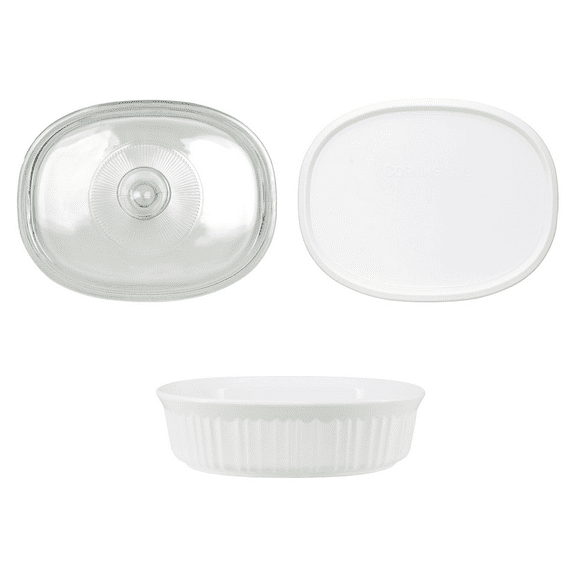 Corningware FS12 1.5qt/1.4L French White Oval Ceramic Dish, (1) F-12C 1.5qt Glass Lid and (1) F-12-PC 1.5qt Oval French White Lid