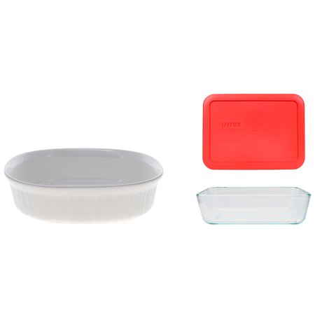 Corningware FS2 2.5 qt / 2.35 L Oval French White Casserole Dish and Pyrex 7210 3 Cup Glass Container and Red Lid