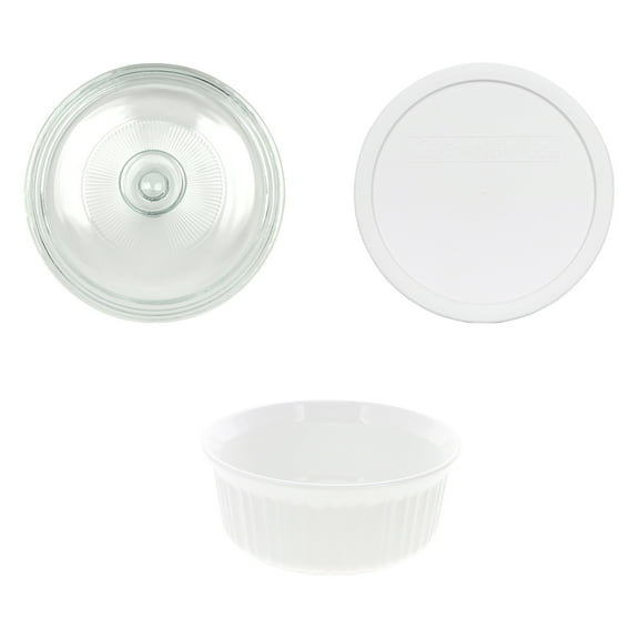 Corningware FS5 1.5 qt / 1.4 L Round French White Casserole Dish, G-5C Clear 1.5 qt Fluted Glass Lid and F-5-PC 1.5qt French White Lid