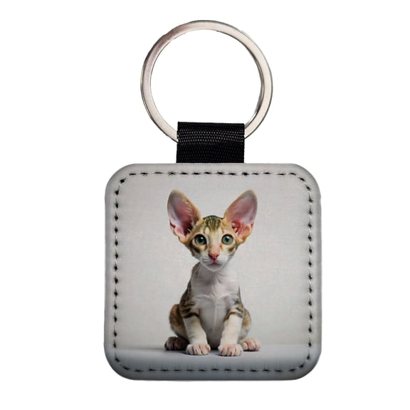 Cornish Rex Cat Kitten Photo Faux Leather Square Keychain