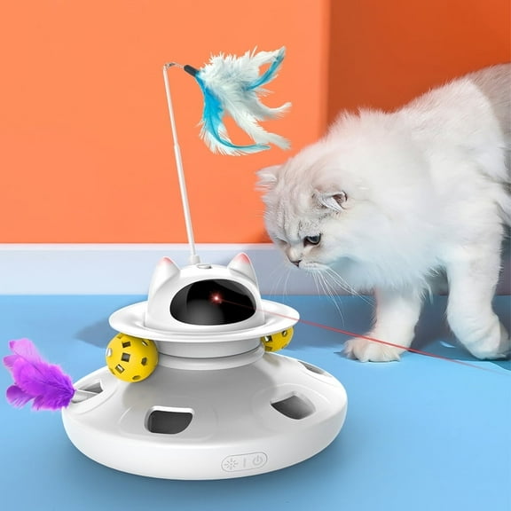Cornmi Rolling Automatic Interactive Laser Rechargeable Smart Cat Toy with Ball and Feather, White