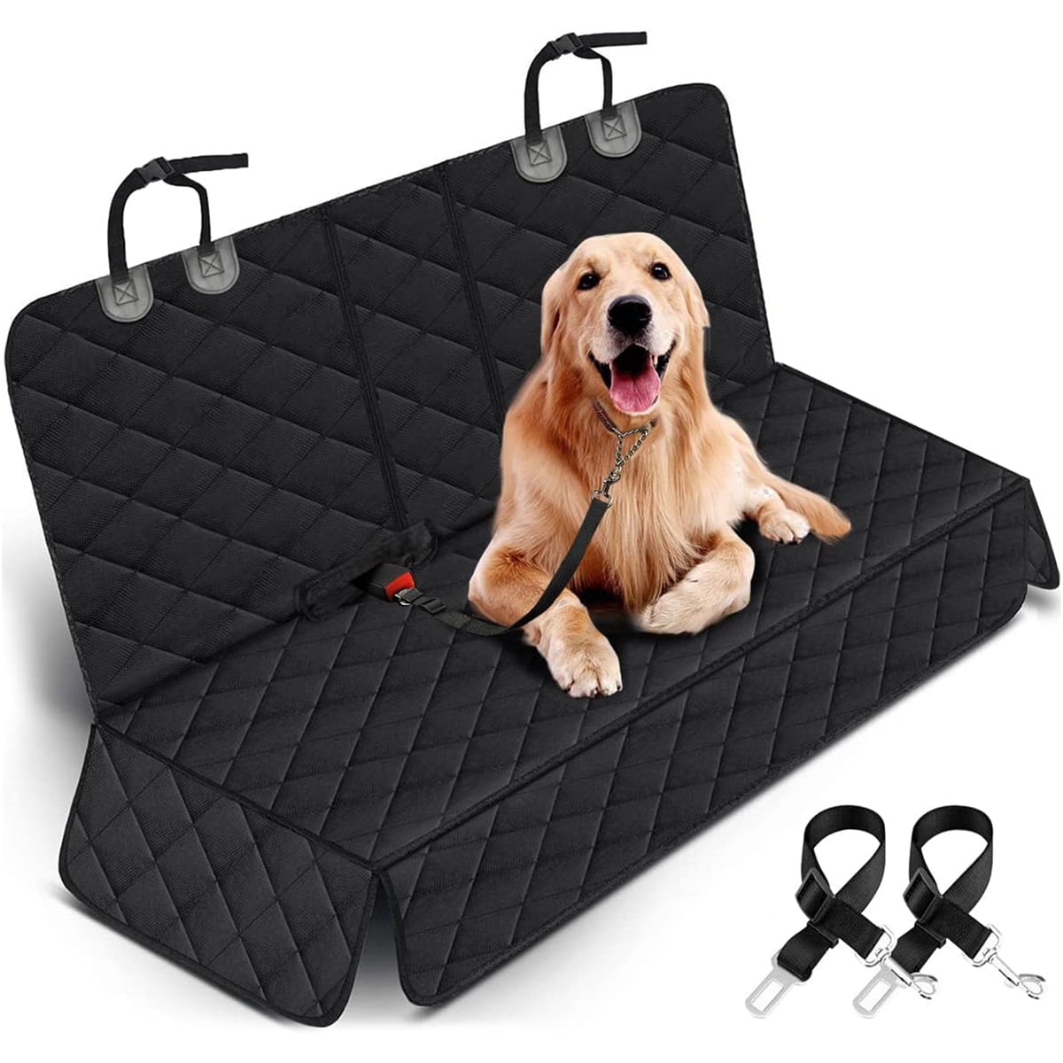 Black Quilted Waterproof Dog Car Seat Cover with Seat Belts