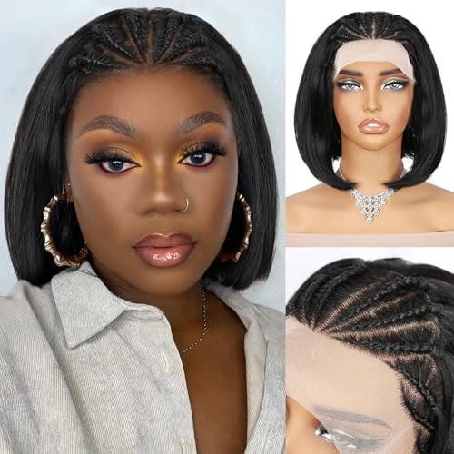 Cornrow Braided Bob Wig Lace Front Pre Braided Short Silky Straight Wig with Pre Plucked line Transparent 13x4 Inch Lace Frontal Wigs for Black Women style